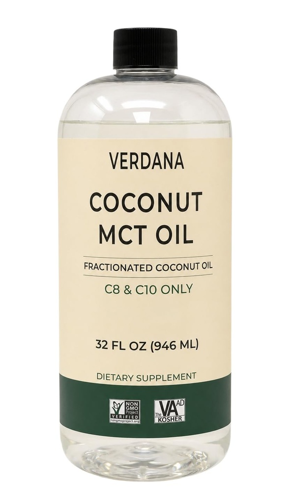 Verdana Food Grade MCT Oil 32 oz – para el café Keto, Aceite Natural Desarrollado Mouthwash &amp; Massage - 100% Coconut Derived Fraccionated Oil – Medium Chain Triglycerides C8 C10 –No-GMO, Kosher