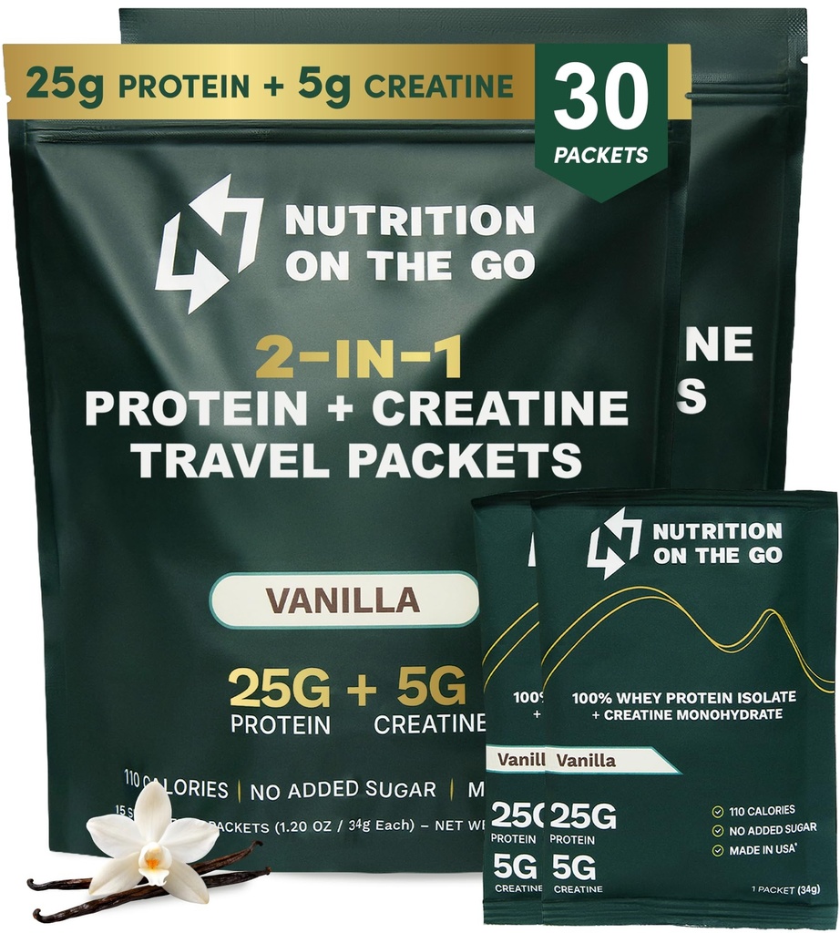 Nutrición en los paquetes de aislamiento de proteínas Go Whey con crema – 25g Proteína + 5g Creatina – Polvo de proteína de un solo paso – Vainilla (30-Pack)