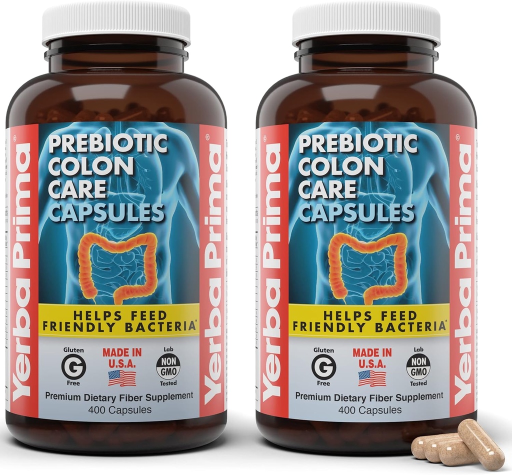 Yerba Prima Prebiotic Colon Care Capsules, 400 caps (Pack of 2) - Cinco formas de suplemento de fibra dietética - Fibras sanas e insolubles para la regularidad y apoyo digestivo
