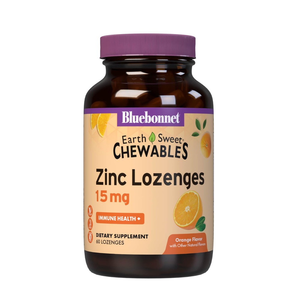 Bluebonnet Nutrition Earthsweet Zinc Lozenges 15mg Chewables, Plus 100mg de vitamina C, libre de soja, libre de gluten, certificado Kosher, libre de lácteos, vegano, sabor a naranja, 60 Lozenges