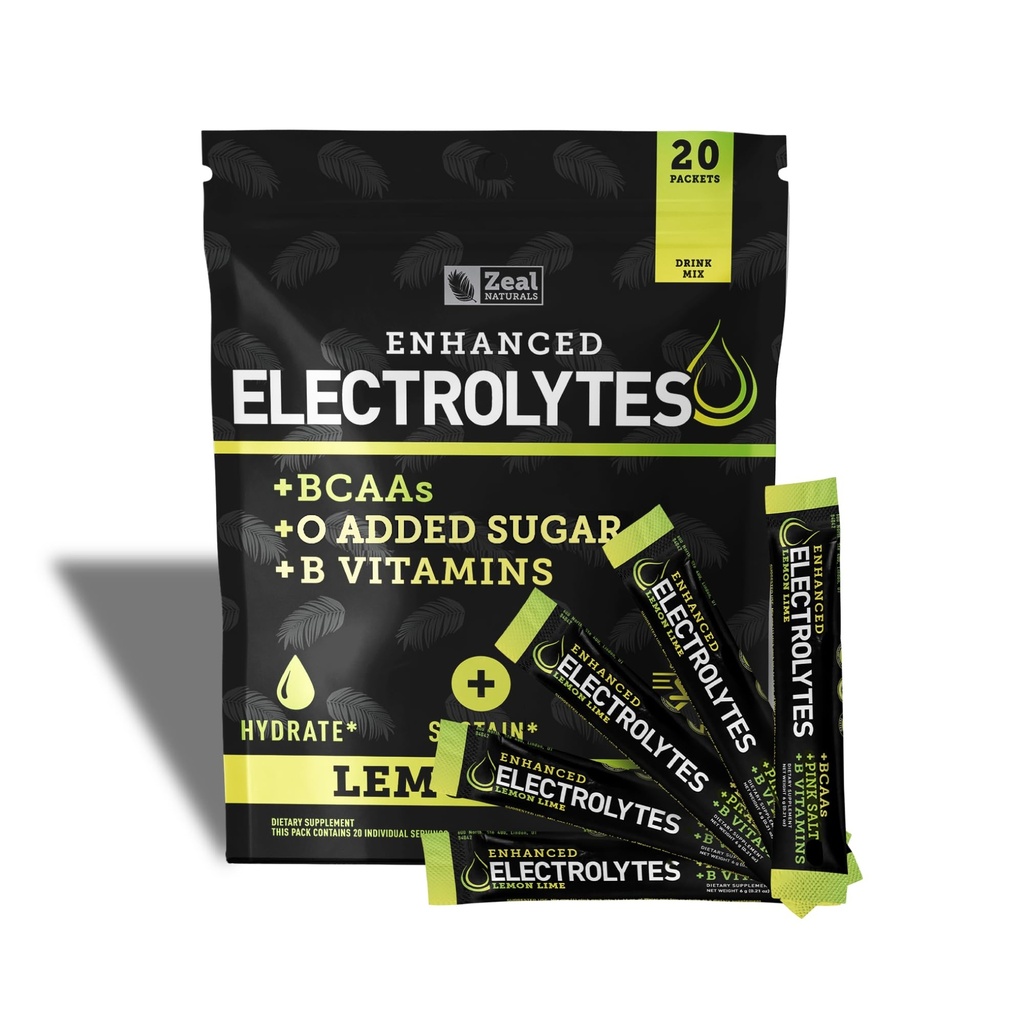 Enhanced Electrolyte Powder Stick Packs (Límon Lime tención 20 Packets) w / 0 Sugar +BCAAs +B-Vitamins Electrolyte Suplemento w Potassium Zinc &amp; Magnesium for Hydration - Keto Electrolytes