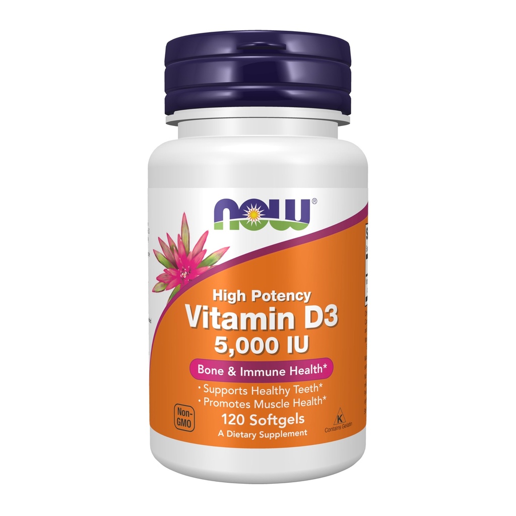 AHORA Suplementos de alimentos, vitamina D-3 5.000 UI, alta potencia, soporte estructural*, 120 Softgels