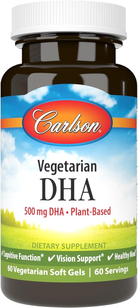 Carlson - Vegetarian DHA, 500 mg DHA, Planta Basada, Fuente sostenible de Algae, Apoyo Cerebral, Salud Mood, 60 Softgels
