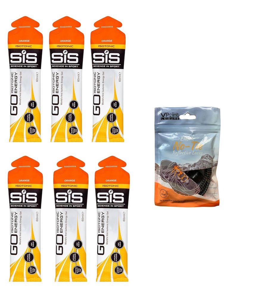 Science in Sport GO Isotonic Energy Gels - 6 x 60ml Packs Bundle with Elastic No-Tie Shoe Laces. Vegan, Lactose Free, Gluten Free, Wheat Free, Nut Free, SOYA Free (Orange)