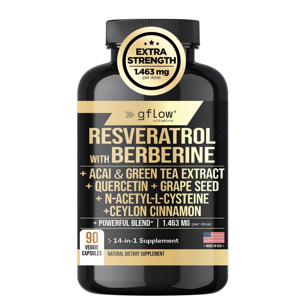 Resveratrol Suplemento con Berberine Green Tea Extract, Ceylon Cinnamon, Grape Seed &amp; Quercetin1000mg Quercetin, N Acetyl cysteine, Acai ← 100% natural, Max Strength tención Made in USA
