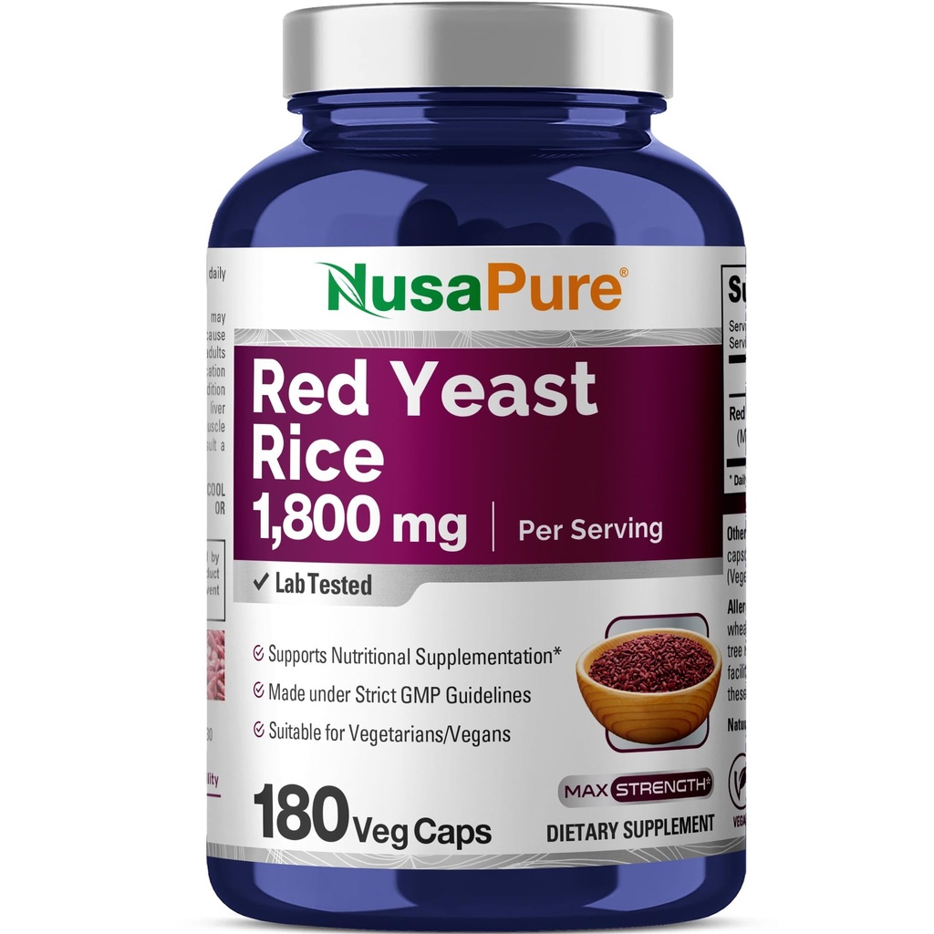NusaPure Red Yeast Rice 1800mg 180 Veggie Capsules (No-GMO, Vegan)
