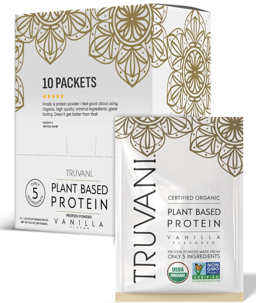 Truvani Vegan Pea Protein Powder Silencio Vanilla Silencio 20g Orgánica Planta Basada Proteína Silencio Única Serving Travel Packets Silencio 10 Servings  Keto ← Gluten &amp; Dairy Free TEN Low Carb Silencio No Añadido Sugar
