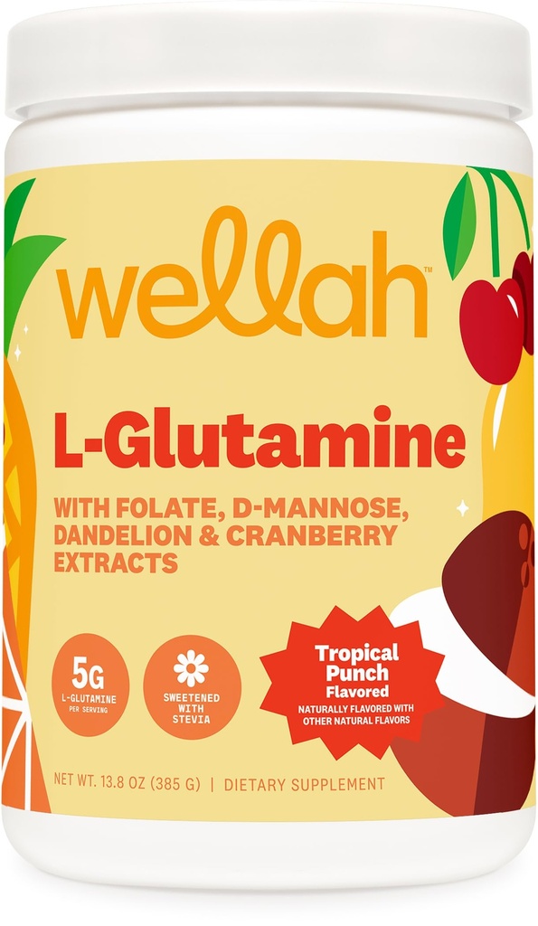 Wellah L-Glutamine Powder Tropical Punch (50 Servings) - 5g L-Glutamine Por Serving, Sweetened with Stevia