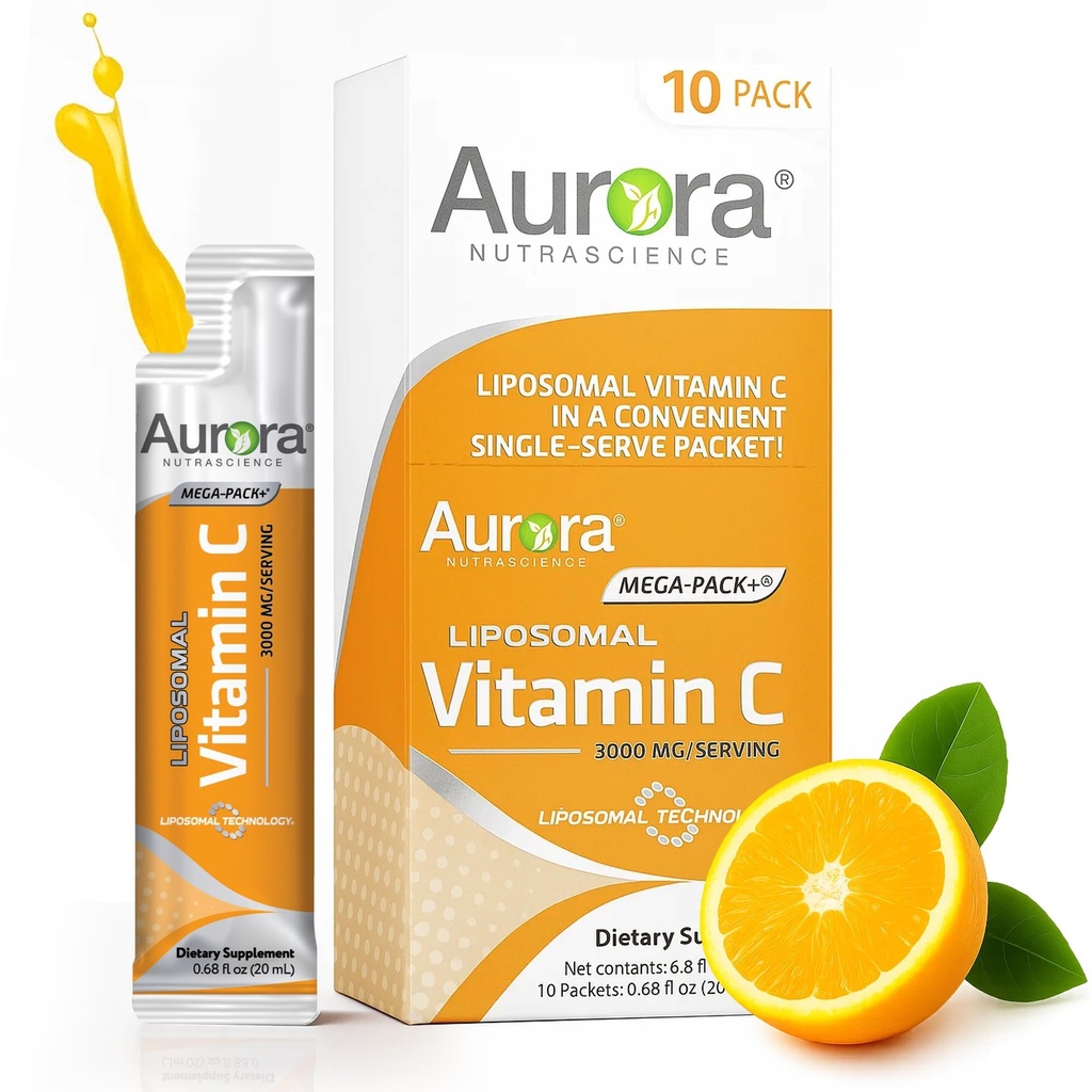 Aurora Nutrascience Mega-Pack Liposomal Vitamina C, Immune Support, 3000 mg Por Serving, Vegan, Gluten Free, Non-GMO, 10 Single Serve Packets, Orange