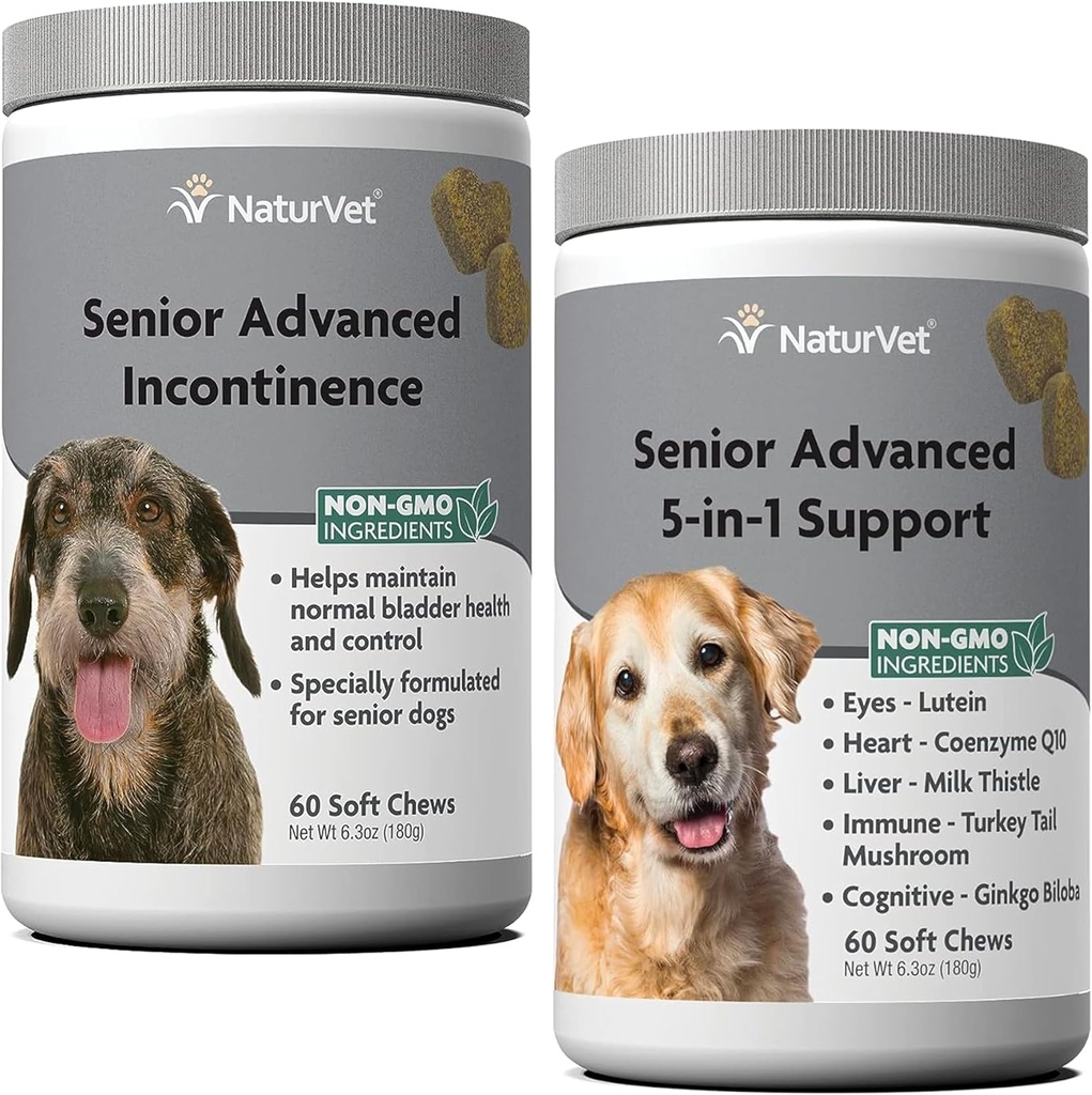 NaturVet Senior Advanced Incontinence Dog Supplement – Helps Support Dog’s Bladder Control Normal Urination – 60 Ct. Soft Chews - Senior Advanced 5-in-1 Support Dog Supplement - 60 Soft Chews
