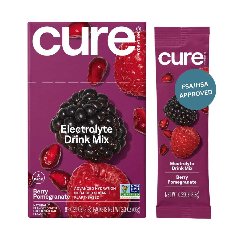 Cure Hydration ¦ Plant-Based Electrolyte Drink Mix ← No Añadido Sugar ← Dehydration Relief Powder Hecho con Coconut Water ← Non-GMO ← Vegan tención Caja de 8 Packets - Pomegranada de Berry