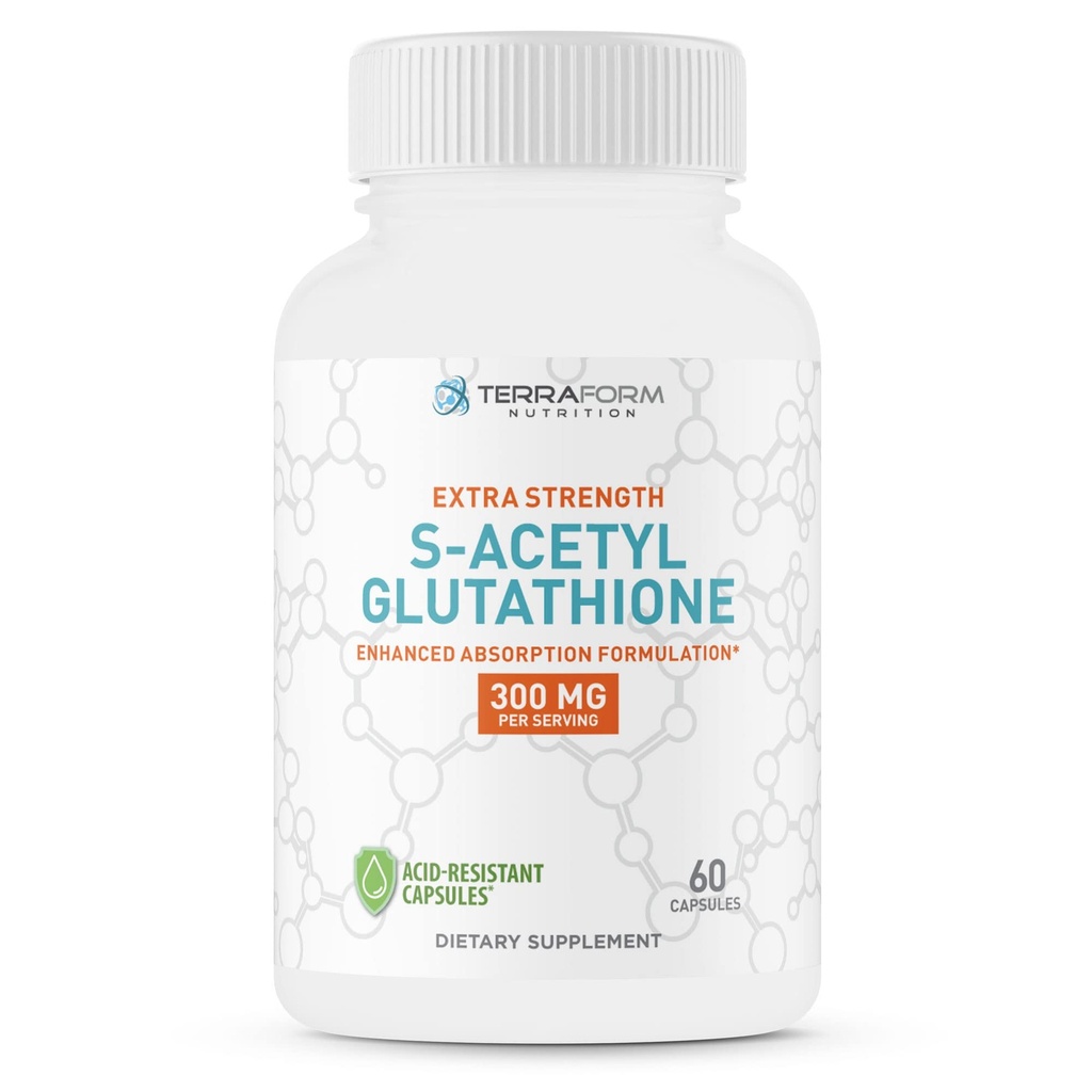 TerraForm Nutrition Extra Strength S-Acetyl Glutathione 300mg – 60 cápsulas resistentes al ácido - Suplemento Glutathione Premium - Suplemento SAG de forma altamente biodisponible y estable – Hecho en EE.UU.