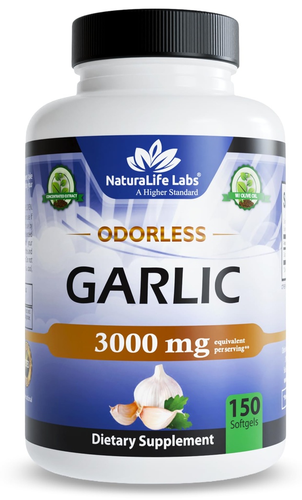 NaturaLife Labs Ajo sin olor – 3000 mg Equivalente por Serving – 150 Softgels – Extracto de ajo concentrado con aceite de oliva virgen extra orgánica – No Gluten-Free