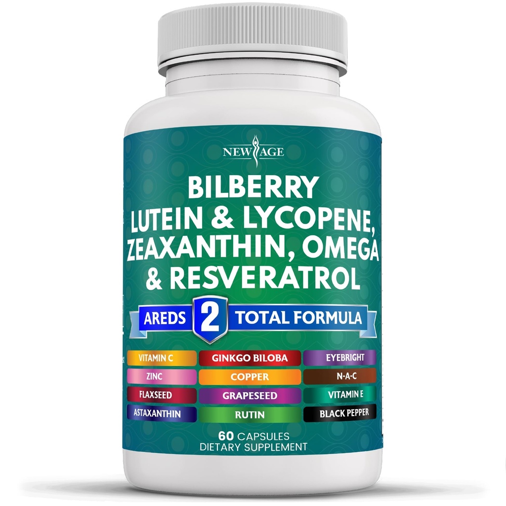 NUEVA AGE Salud Ocular Vitaminas con Luteina de Fresa &amp; Zeaxanthin Lycopene Resveratrol Grape Semillas Astaxanthin - Ojo Vitamina - 60 Con