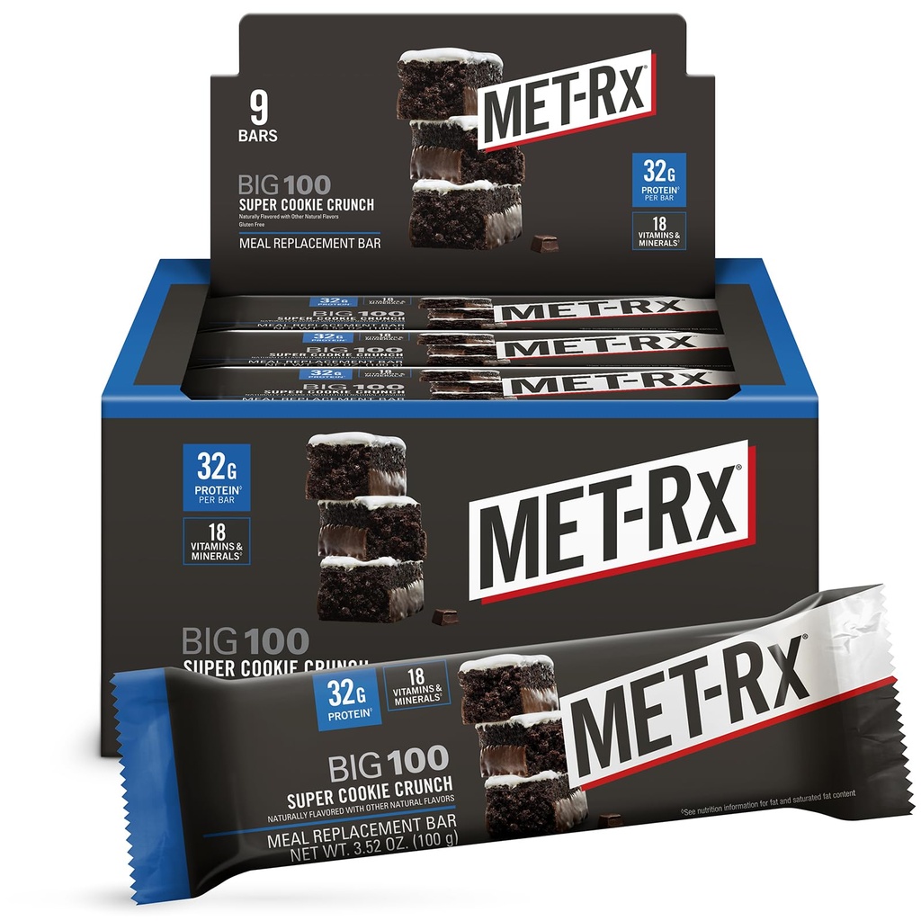 MET-Rx Big 100 Protein Bar, Meal Replacement Bar, 32G Protein, Super Cookie Crunch, 9 Bares (Pack of 1)