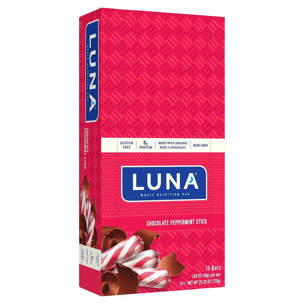 LUNA BAR - Barras de serpiente libre de gluten - Chocolate Peppermint Stick -8g de proteína - No GMO - Sobre las serpientes de cuello integral de base vegetal - Sobre las barras de go (1.69 Unce Snack Bares, 15 Conde)