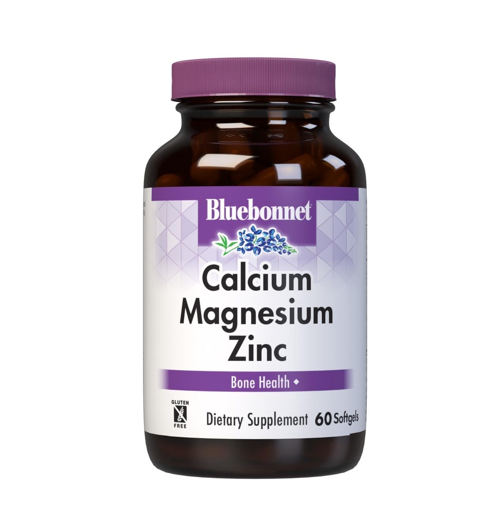 Bluebonnet Nutrition Calcium Magnesium Zinc Plus Vitamin D3, 1000 mg de Calcio, 500 mg de Magnesio y 15 mg de Zinc, 400 UI Vitamina D3, For Strong Healthy Bones*, Gluten-Free, Dairy-Fee, 60 softgel