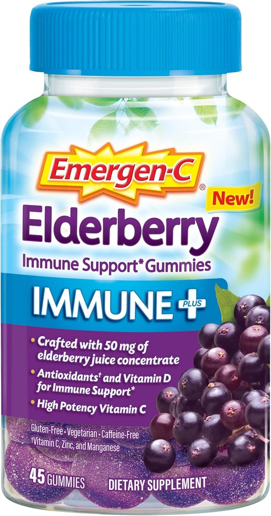Emergen-C Immune+ Elderberry Gummies, 750 mg Vitamina C con Vitamina D, Zinc y Electrolitos, Immune Support Suplemento dietético, Caffeine Gratis, Gluten Free, Elderberry Flavor - 45 Cuenta