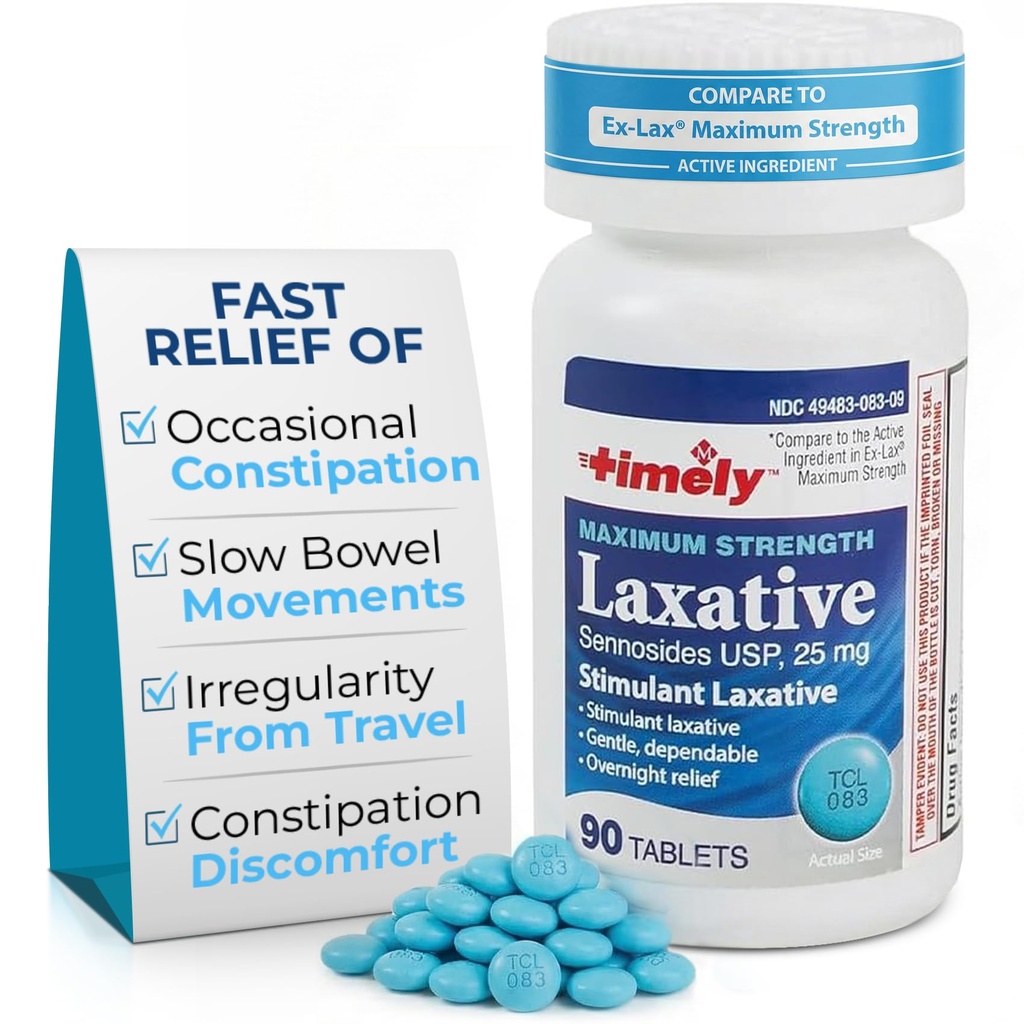 Lágrimas de hora, INC. Timely - Max Laxatives - 90 Maximum Strength Tablets - 25mg Sennosides Laxative - Occasional Constipation Relief, Best Laxatives for Constipation Fast Acting