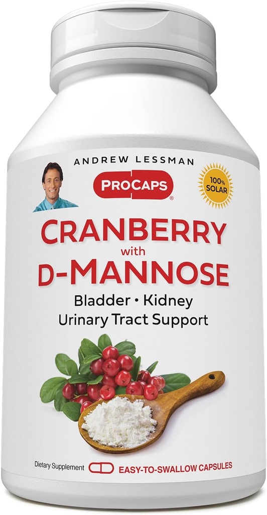 ANDREW LESSMAN Cranberry with D-Mannose - 30 Capsules - Supports Bladder, Kidney and Urinary Tract Health. Concentrado de arándanos estandarizado de alta potencia y D-Mannose. Cápsulas fáciles de absorber