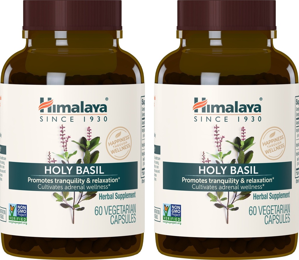 Himalaya Holy Basil, 60 Day Supply - Herbal Adrenal Support for Stress Relief, Relaxation, Energy Support and Occasional Sleeplessness - Vegan, Non-GMO, Gluten Free, 720 mg, 60 cápsulas, Pack of 2