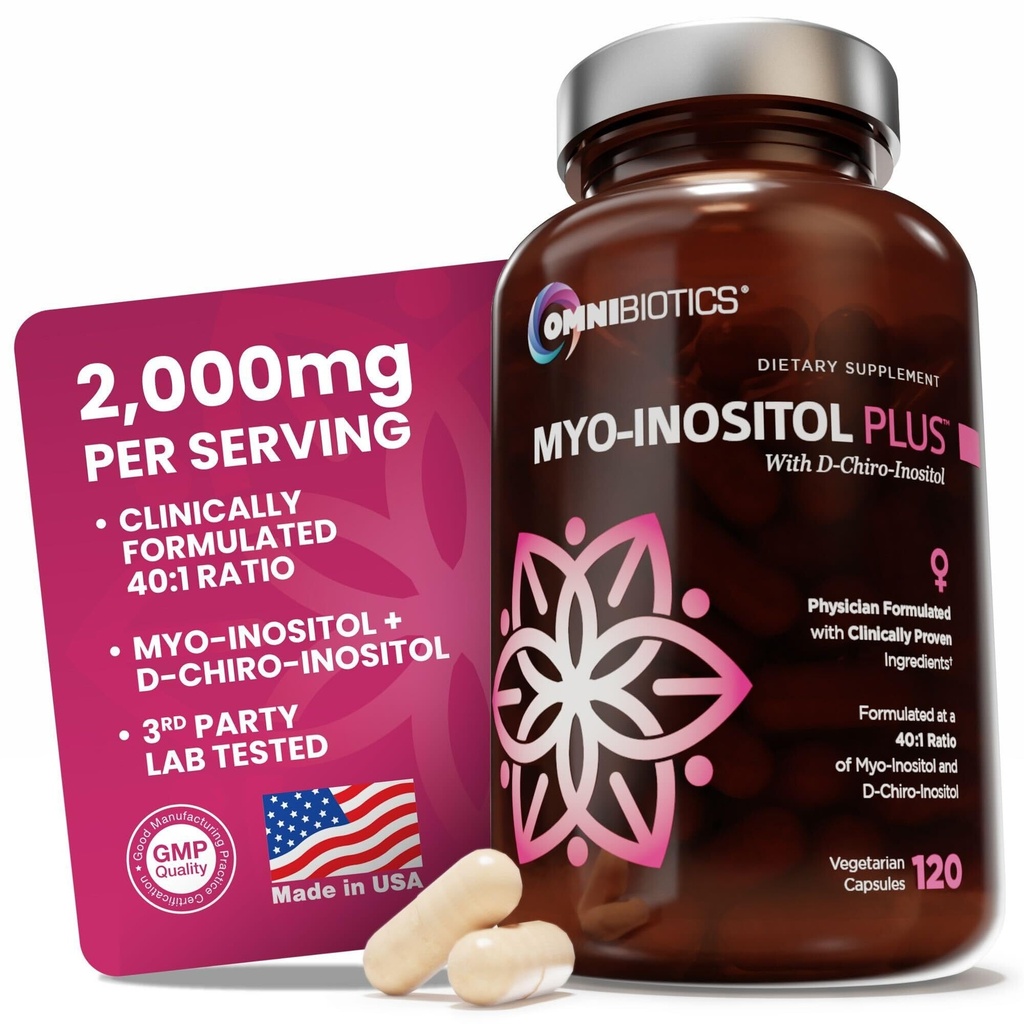 OmniBiotics Myo-Inositol " D-Chiro Inositol Suplemento con 40:1 Relación de Equilibrio hormonal para Mujeres - Mujeres Suplemento de Apoyo a la Salud Reproductiva " Función Ovárica. Non-GMO - 120 Vegan Capsules