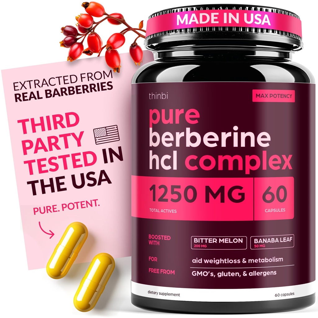 Beberine Suplemento 1250mg Potent Botanical Capsules for Weight Management with Bitter Melon and Banaba Leaf - HCl from Barberry Extract- 30 Servings
