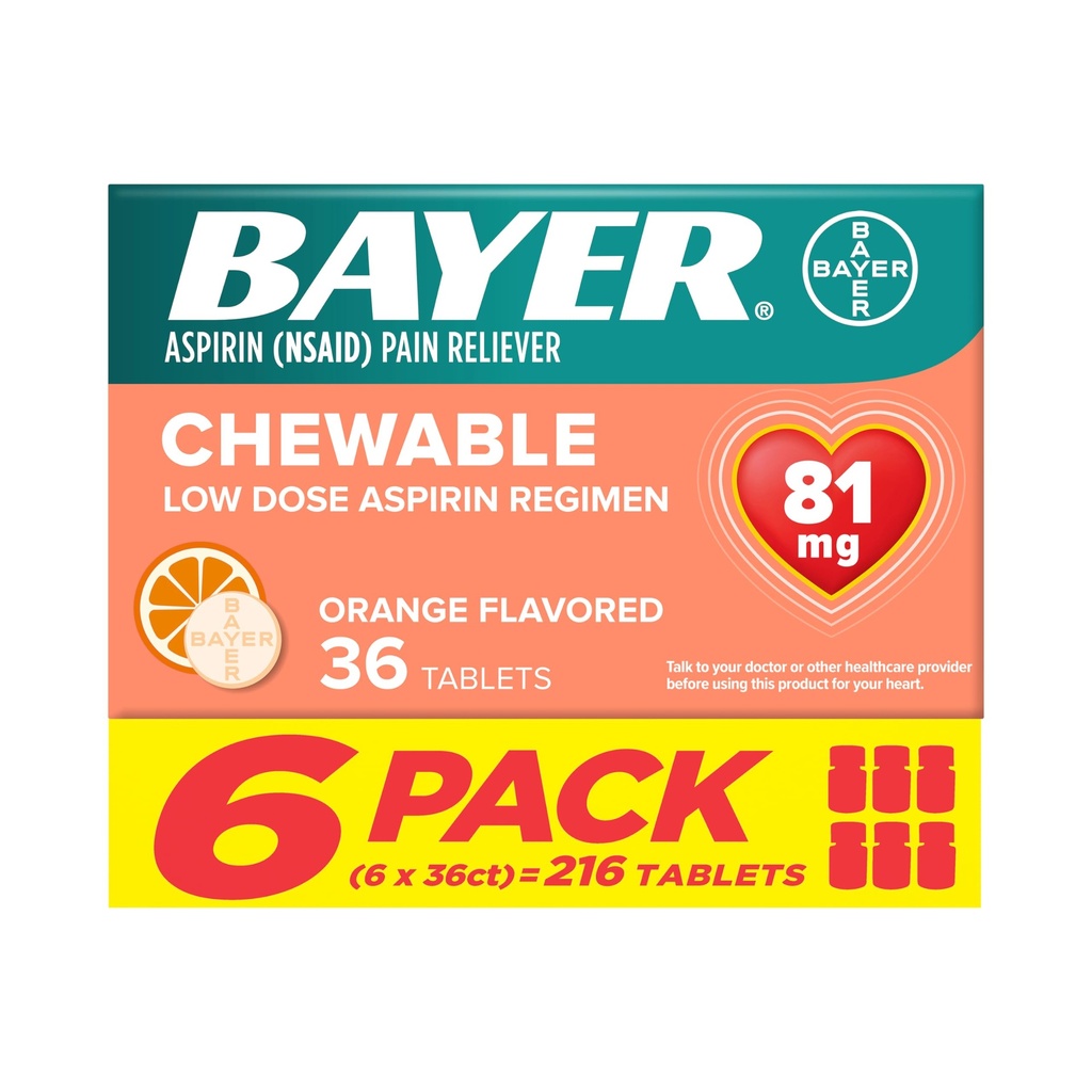 Bayer Aspirin Low Dose 81 mg Chewable Tablets, Dolor de Dolor, Orange Flavored, 216 Tablets (6 Pack)