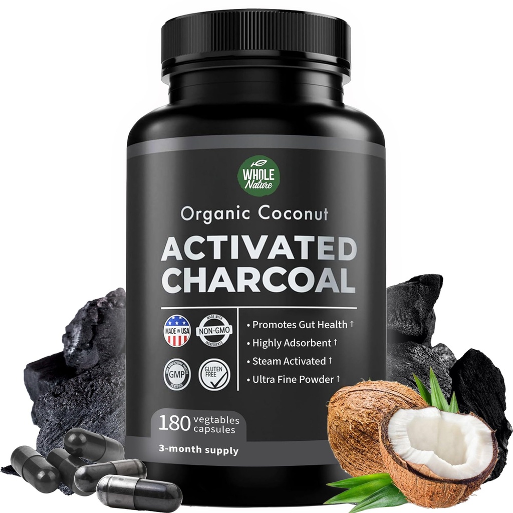 Cacahuetes de carbón activado puro - 180 píldoras de carbón, ayuda con blanqueamiento de dientes, rubor y limpieza corporal. Non-GMO - Gluten Free, Vegan