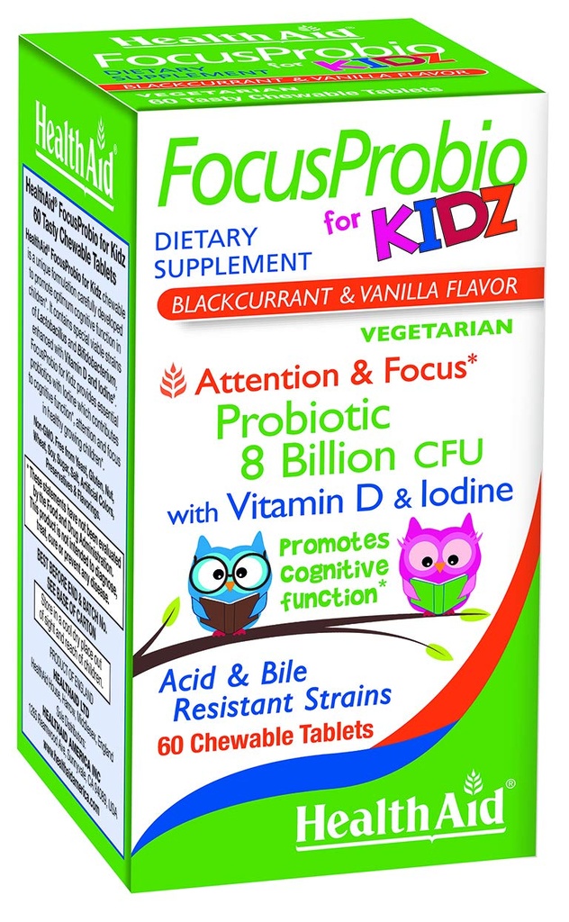 FocusProbio para Kidz, 60 Tablets Chewable, soporta la función cognitiva para la atención y el foco. Blackcurrant and Vanilla Flavor, Contiene Vitamina D & Iodine. Acid " Bile Resistant Strains. Vegetariano