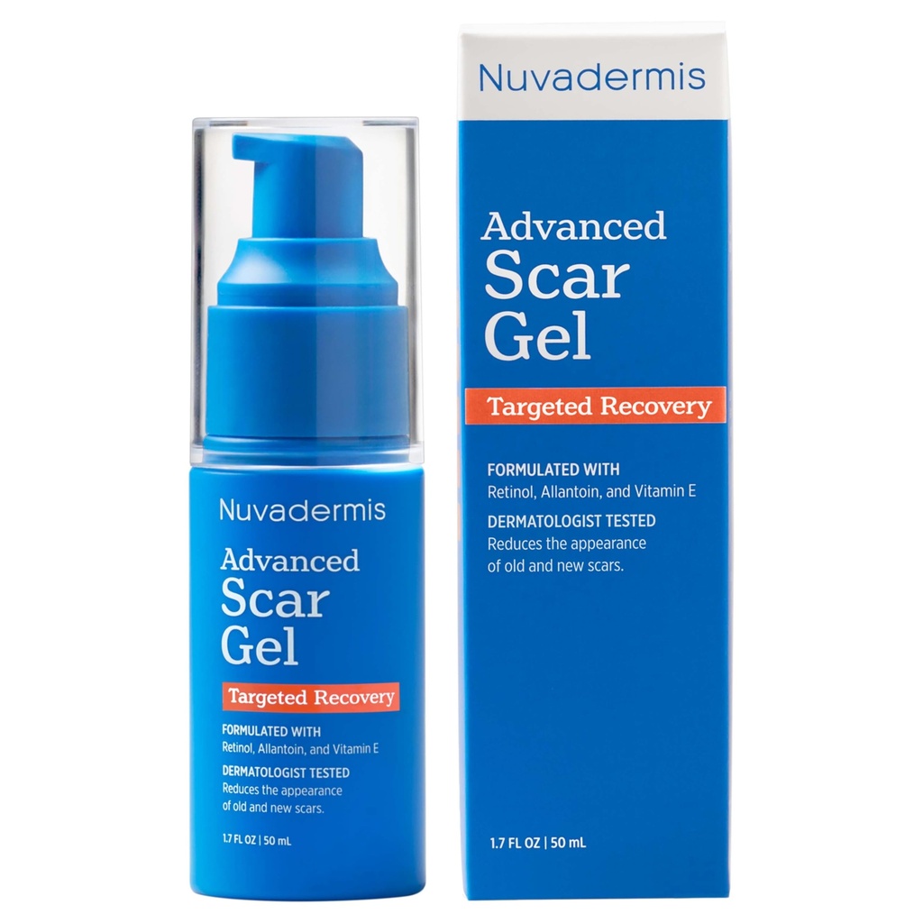 NUVADERMIS Silicone Scar Gel - 1.7 Fl Oz, Transparent Gel - Retinol &amp; Vitamina E Formula for Surgical Scars - C-Sección, Tummy Tuck &amp; Keloid Care