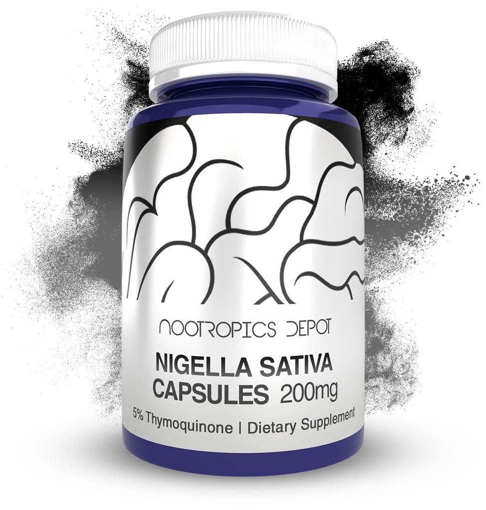 Nootropics Depot Nigella Sativa Extract Capsules TENIDO 200mg TENIDO 60 Conde TENIDO Mínimo 5% Contenido de Timoquinona TENIDO Aceite de Semillas Negras Extracto TENIDO Apoyo Memoria, Hígado, Cerebro y Función Inmunitaria