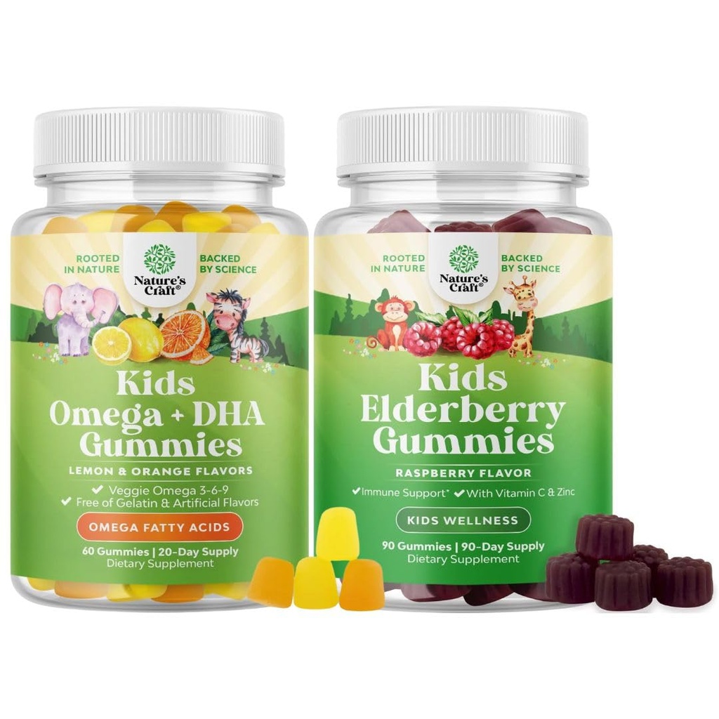 Bundle of Kids DHA Omega 3 Gummies - Fatty Acids Omega 3 6 9 para Brain Immune Strength & Vision - Nutritional DHA and Sambucus Elderberry Gummies for Kids Health - Zinc &amp; Vitamin C for Immune Support