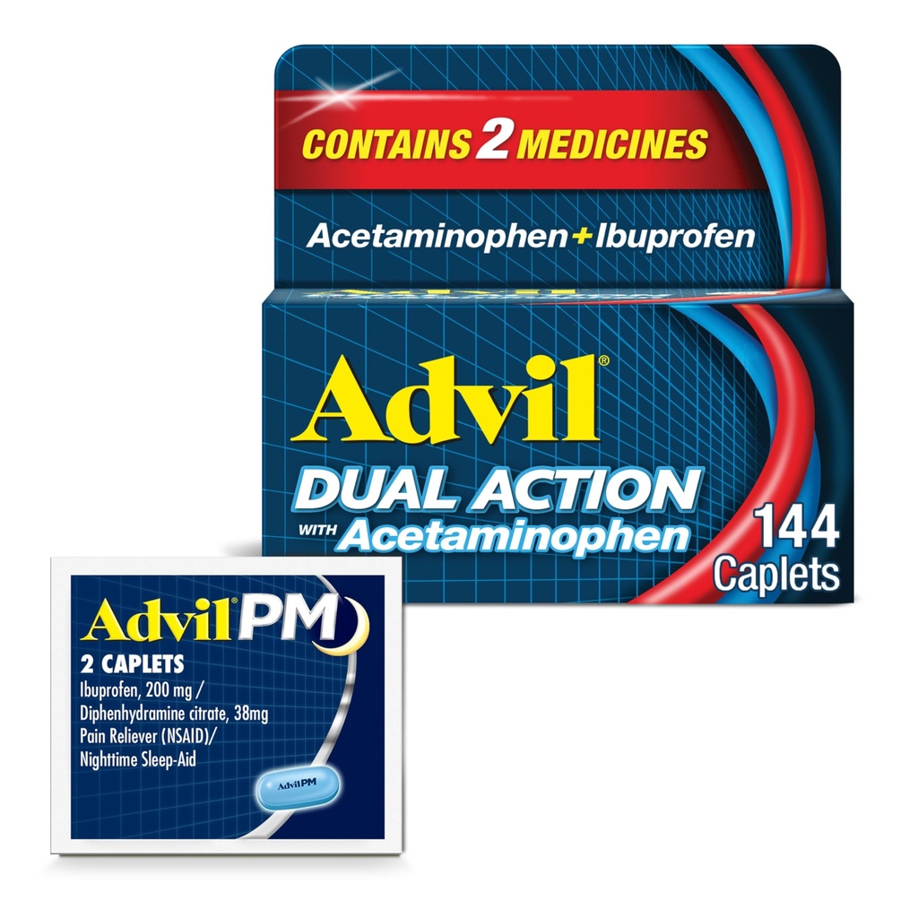 Doble acción Advil con acetaminofén e Ibuprofeno (2 Dose Equivalent) Por 8 horas de alivio de dolor, Coated 144 Ct Caplets y 2 Ct. Muestra de Advil PM