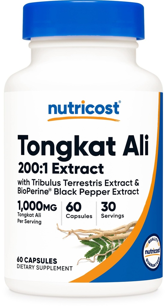 Nutricost Tongkat Ali 1.000mg 60 cápsulas - con Tribulus Terrestris y BioPerine, Vegetarian Caps, Non-GMO, Gluten Free, Potent Extract