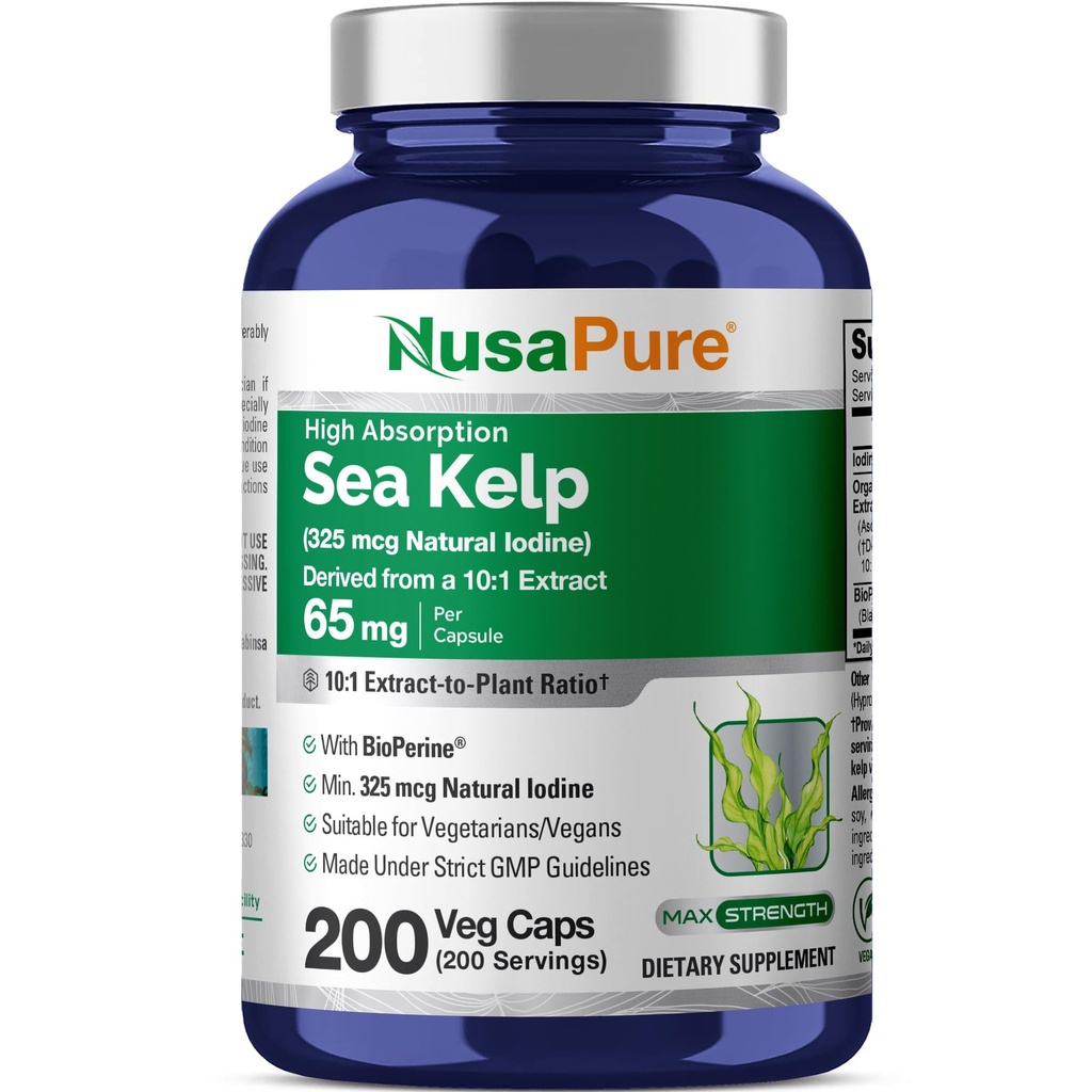 NusaPure Sea Kelp Natural Iodine 325mcg 10:1 Extracto, 65 mg Equivalente a 650 mg Cápsula 200 Cuenta (No-GMO, Vegan)