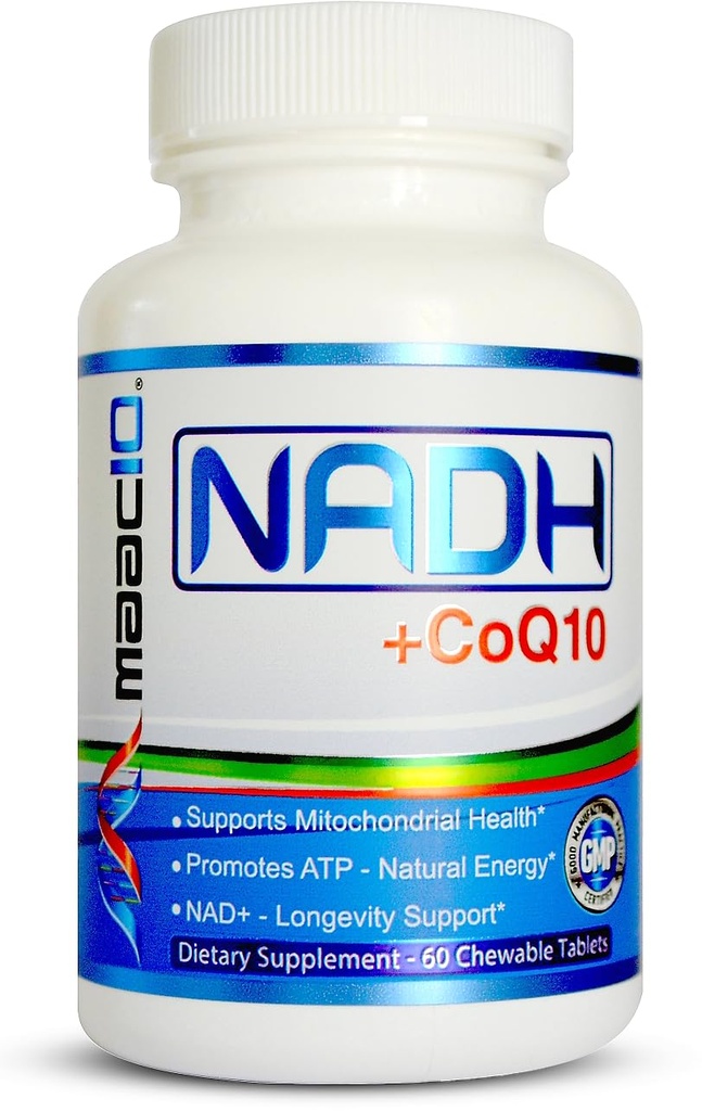 MAAC10 NADH + CoQ10 Suplemento Silencio Great Tasting Chewable Tablets ← 50mg PANMOL® NADH + 100mg CoQ10 Silencio for Fatigue, Energy and Mental Focus Silencio NAD+ Suplemento (60 Tablets 2 per Serving)