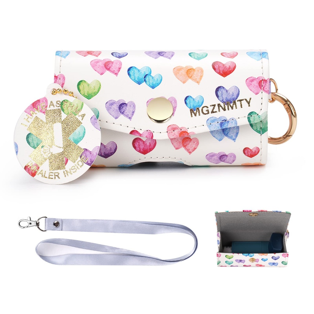 MGZNMTY Asthma Inhaler Case, Carrying and Travel Holder Case Compatible con Handy Inhaler for Adults and Kids (ONLY CASE) (Raining Hearts)