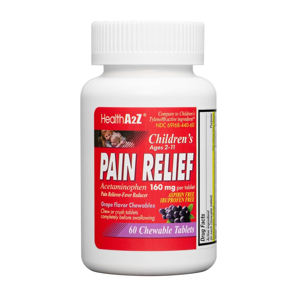 HealthA2Z® Children's Chewable Pain Relief ← Acetaminophen 160mg ← Tablets Chewable ← Grape Flavor Chewables ← Aspirin & Ibuprofen Free (60 Condes)