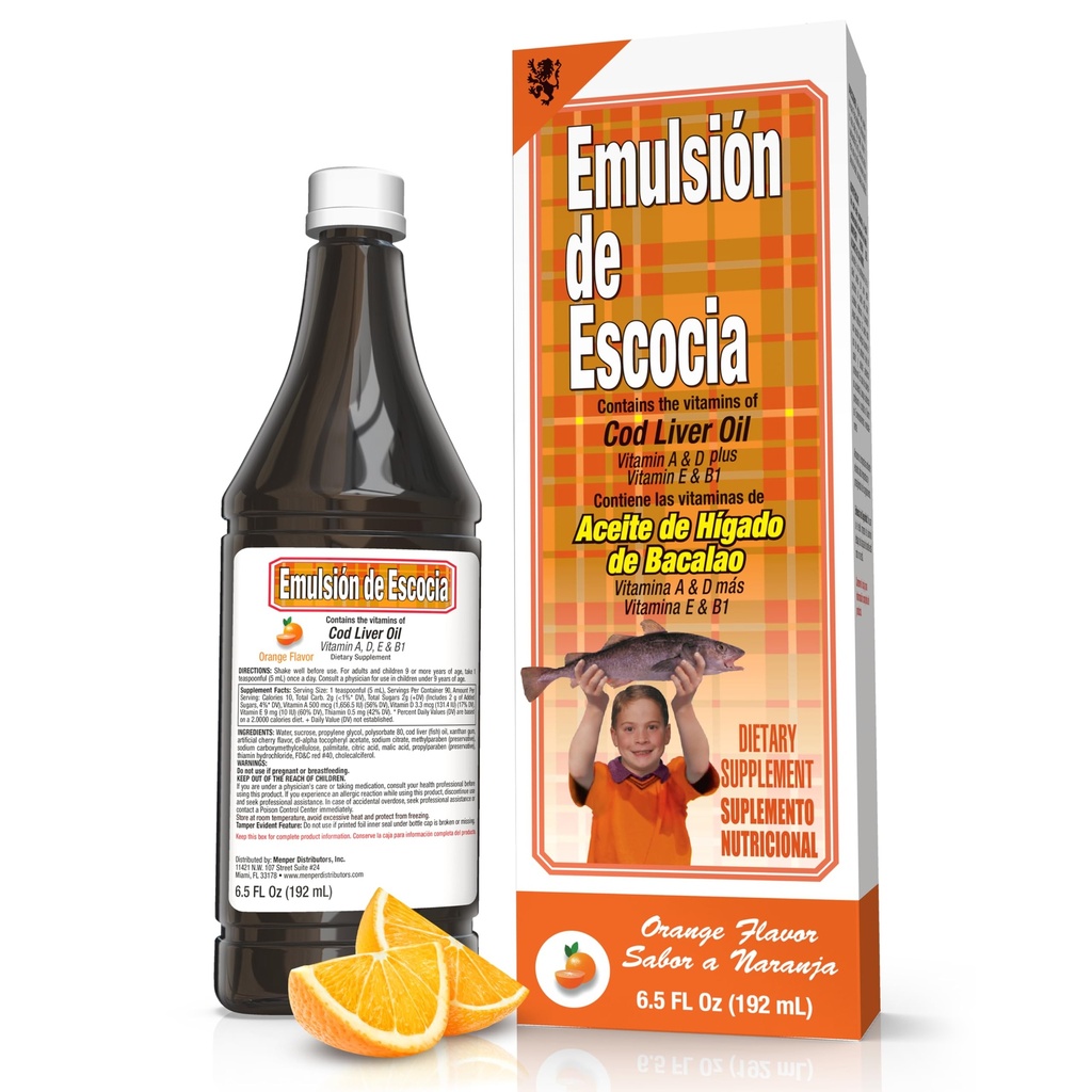 EMULSION DE ESCOCIA Cod Liver Oil, Orange Flavor, 6.5 fl oz (1 Pack) – Fish Oil with Vitamins A, D, E, B1, Omega-3 for Immune and Bone Health, Kids &amp; Adults
