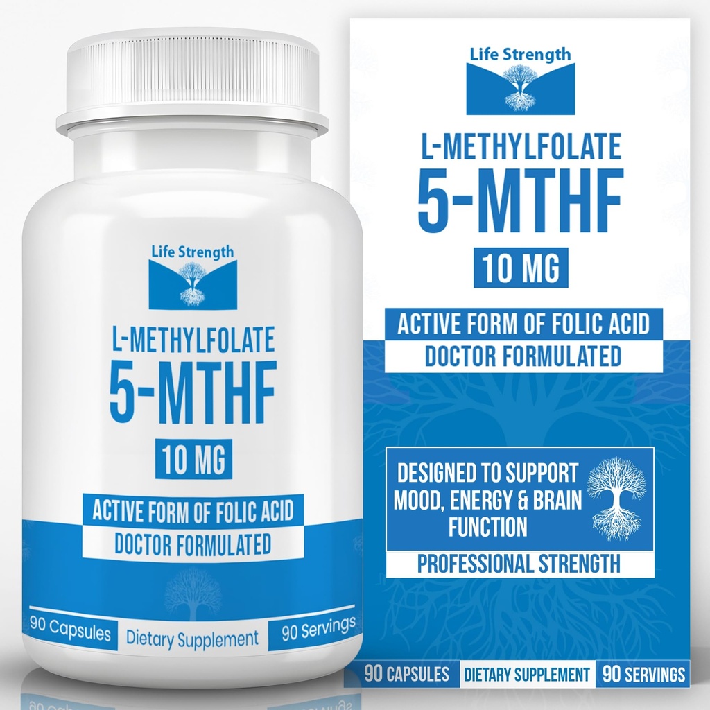 L-Methylfolate 10 MG, Optimized & Highly Bioactive Methyl Folate, 5-MTHF Supplement for Mood and Immune Support, Natural Diet Supplement for Energy, Non-GMO & Gluten-Free, 90 cápsulas
