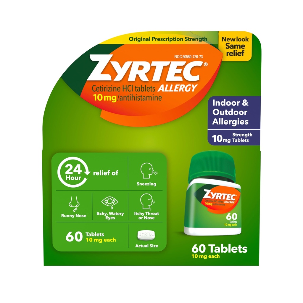 Zyrtec 24 horas Alivio de Alergia Tablas, Indoor &amp; Alergia al aire libre Medicina con 10 mg Cetirizina HCl por Tableta Antihistamínica, Alivio de Alergias, 60 cuentan.