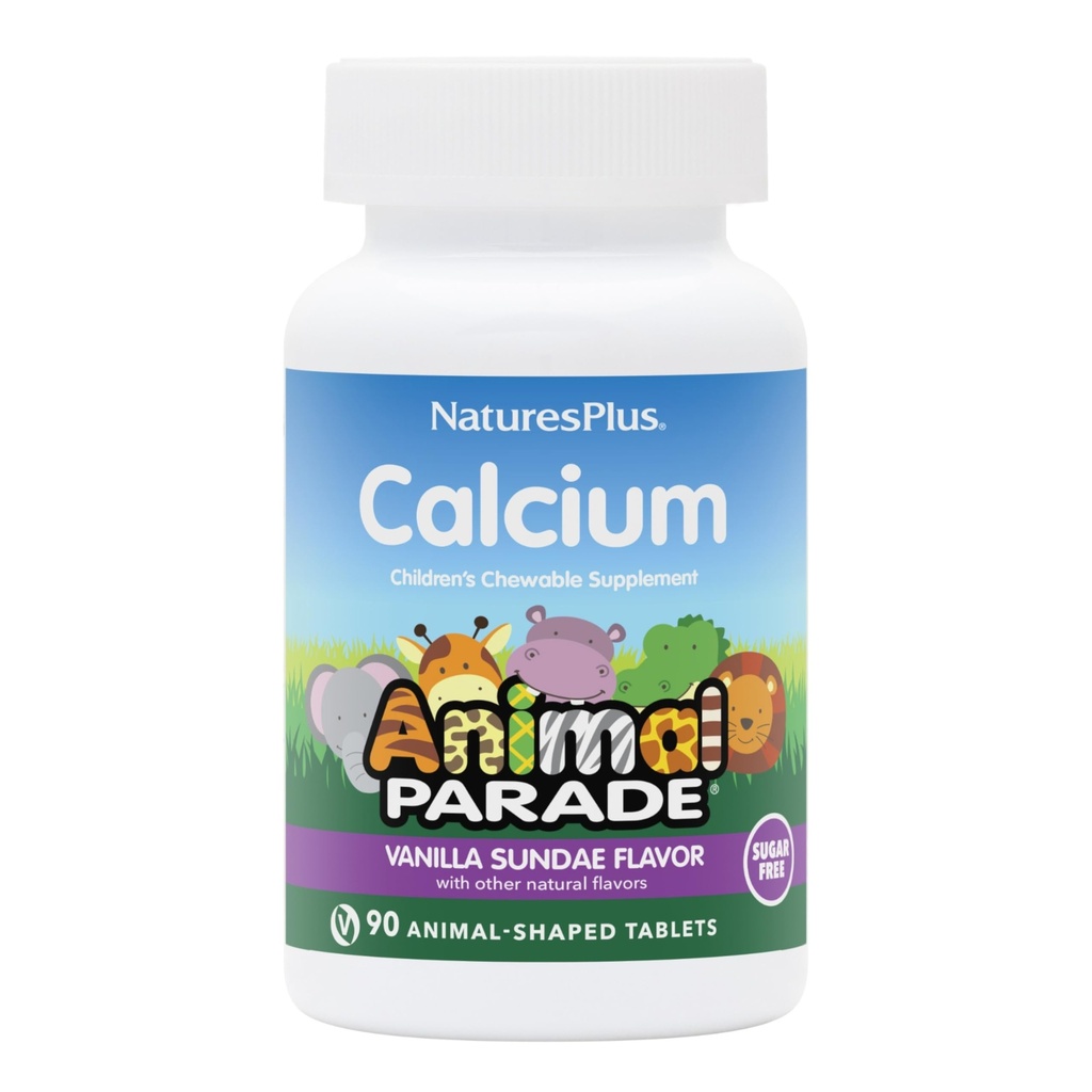 NaturesPlus Animal Parade Calcio para niños sin azúcar, Vanilla Sundae Flavor - 90 Chewable Animal Shaped Tablets - Magnesium for Bone Health - Gluten Free - 45 Servings