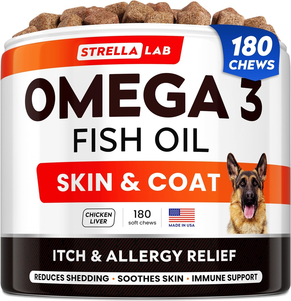 StrellaLab Fish Oil Omega 3 Treats for Dogs (180 Treats) - Alergía &amp; Itch Relief - Skin &amp; Coat Supplement - Joint Health - Wild Alaskan Salmon Oil - Shedding, Itchy Skin Relief - Omega 3 6 9 - EPA ventaja