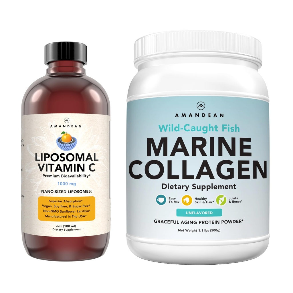 Marine Collagen Powder + Vitamina C - Perfect Skin from Within Combo. Peptides de pescado de caca silvestre, Liposomal VIT C Líquido 1000mg. Producción y síntesis más abundantes para el envejecimiento saludable, belleza, bienestar.