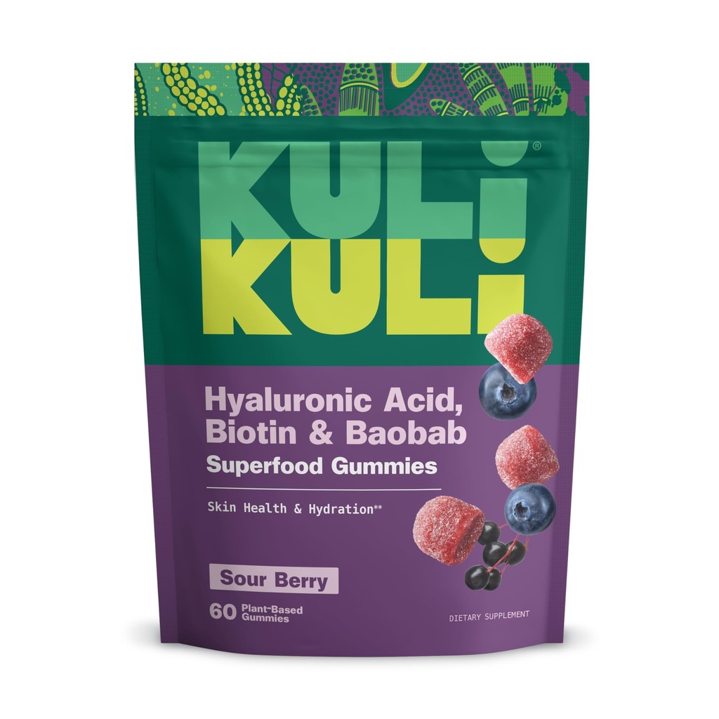 Kuli Kuli Super Gummies - Suplementos de piel con Baobab, Elderberry y Biotin - Ayuda a apoyar la salud de la piel - 60 Gummies sin gluten