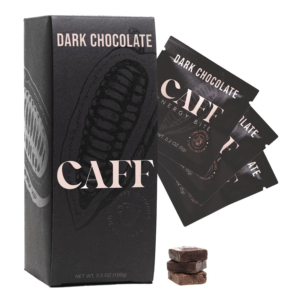 CAFF All Natural Energy Bites - Caffeinated Chocolate Flavored Chew for Energy Boost - No Añadido Sugar - 65mg Caffeine Chocolate Bares – 15 Calorie Organic Caffeine Snacks - Vegan, Gluten-Free, Keto (20 Bites)