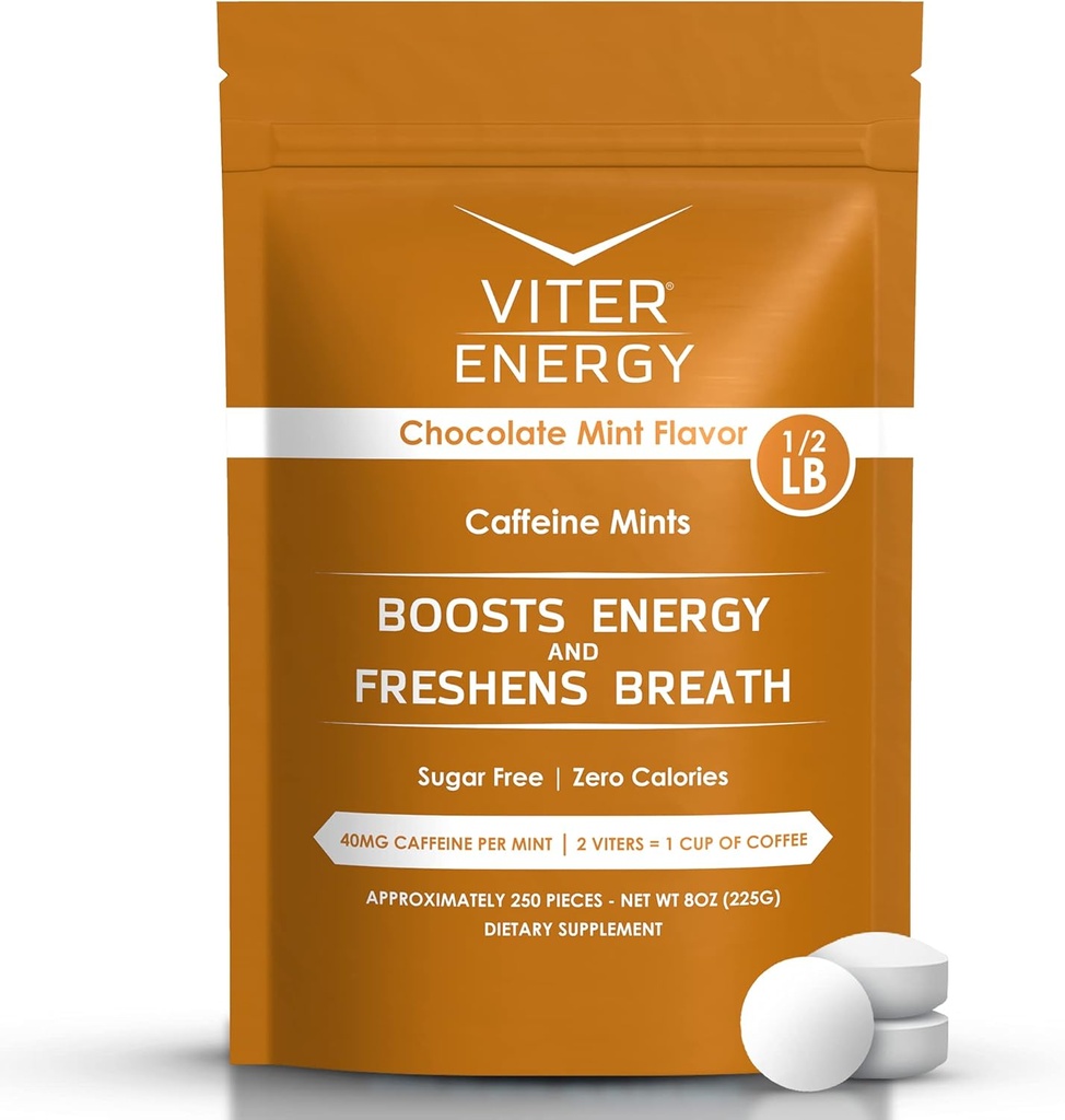 Viter Energy 40mg Caffeine Mints - Sugar Gratis, B Vitaminas, Vegan, Boost Alerta rápida Focus, Caffeinated Nootropic Supplement Pills (Chocolate Mint Flavor, 8oz, Bulk Bag)