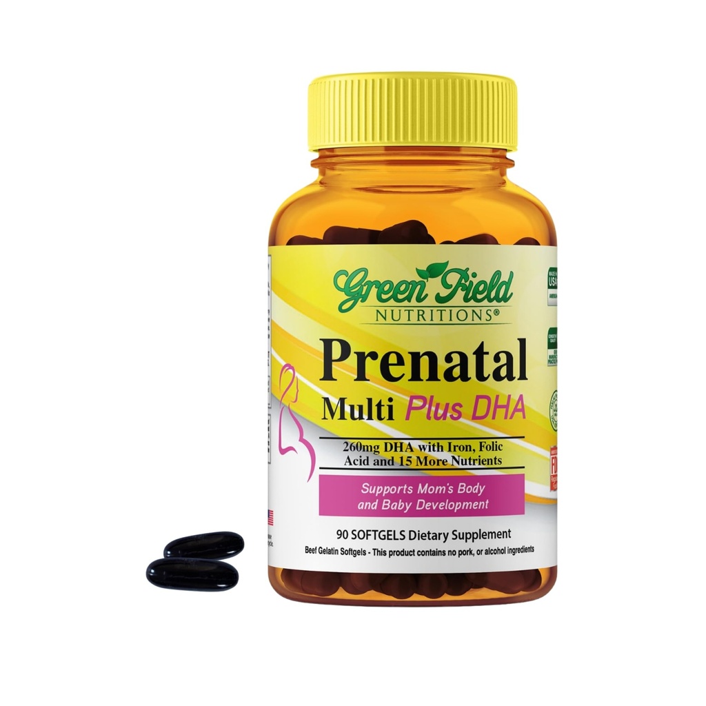 Greenfield Nutritions Halal Prenatal Vitamins with DHA and Folic Acid - Essential Prenatal Pregnancy Multivitamin with Iron - Contiene 17 Vitaminas para que mamá esté - Fácil de absorber 90 Liquid Softgels