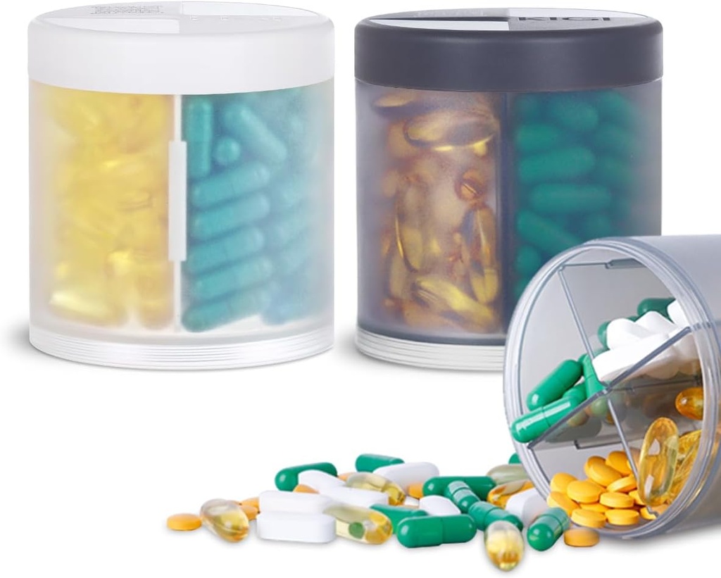 2 Pack KIGI Gran Capacidad Medicina Organizador Pill Botellas con 4 Compartimientos